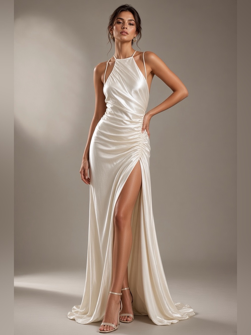 Mable Ivory Halter Satin Ruched Side Slit Wedding Gown